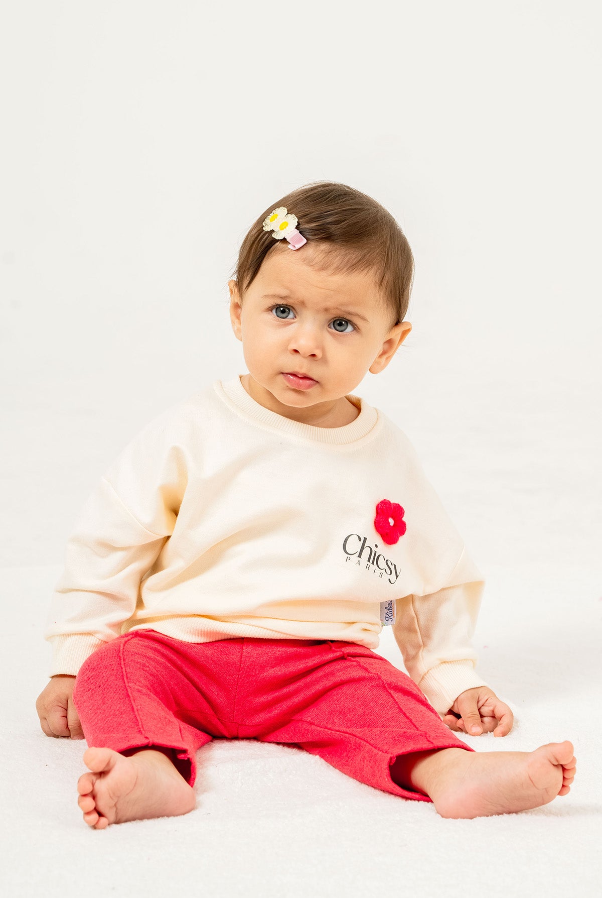 Kız Bebek Çiçek Nakışlı Sweatshirt ve Pantolon 2'li Takım 9-24 Ay